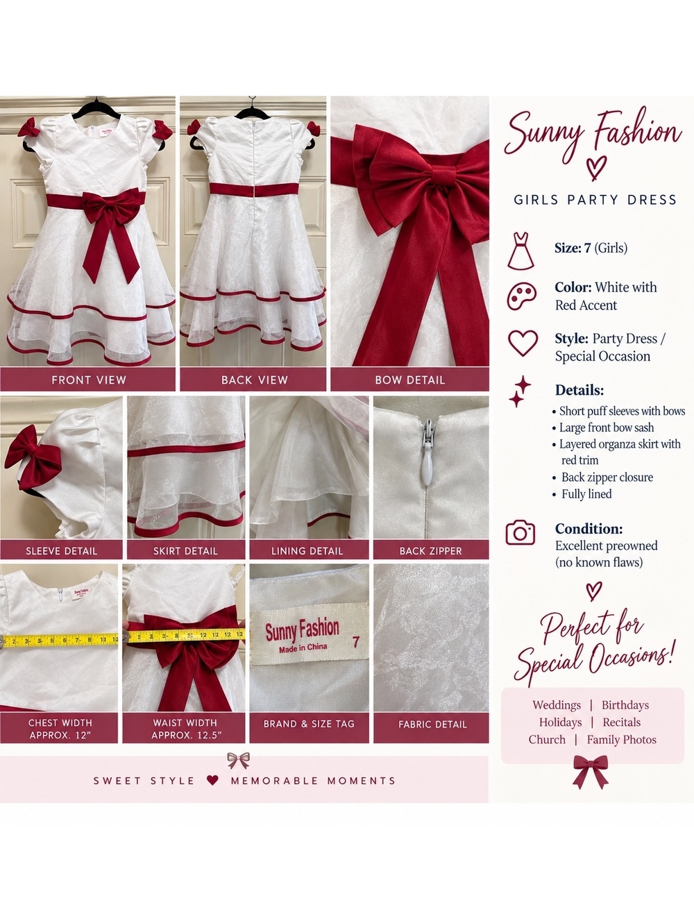 Sunny Fashion Girls White Red Bow Layered Party Dress Size 7